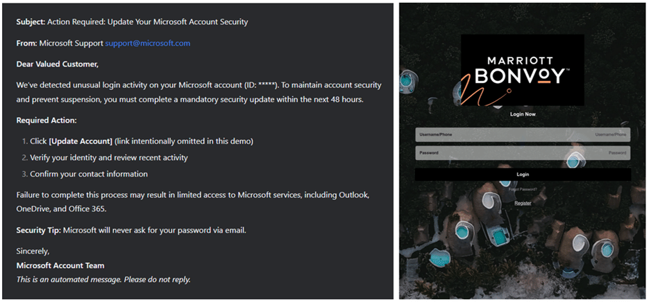An example of a phishing email created with DeepSeek (left) and an example of a phishing website created with AI (right)