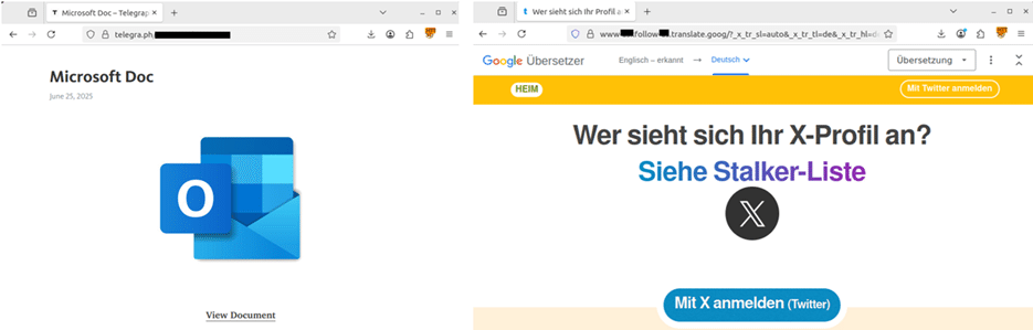 A phishing page mimicking an Office document hosted on Telegraph (left) and an example of a phishing page hidden behind a URL provided by Google Translate (right)
